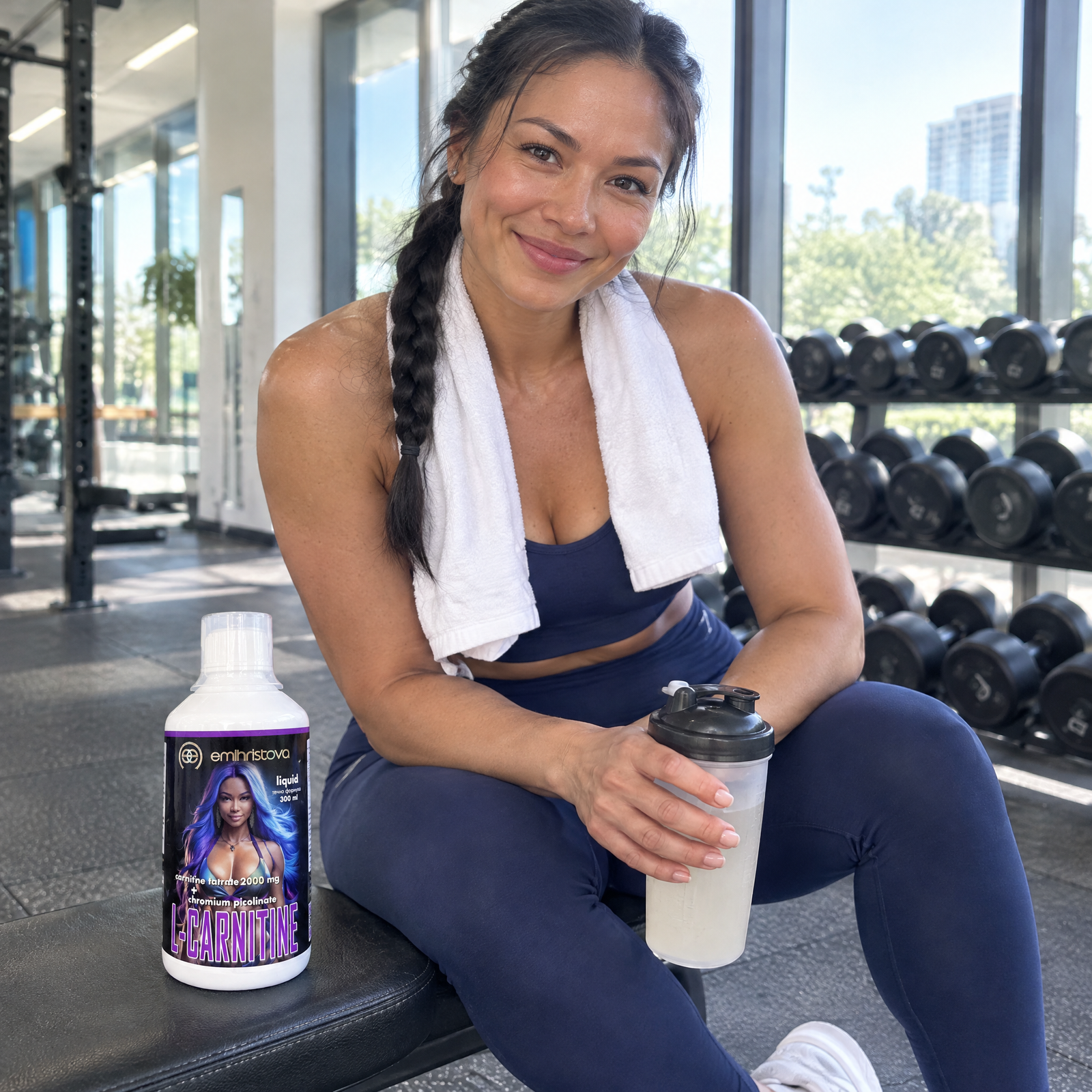 Усмихната жена във фитнеса, до нея L-Carnitine