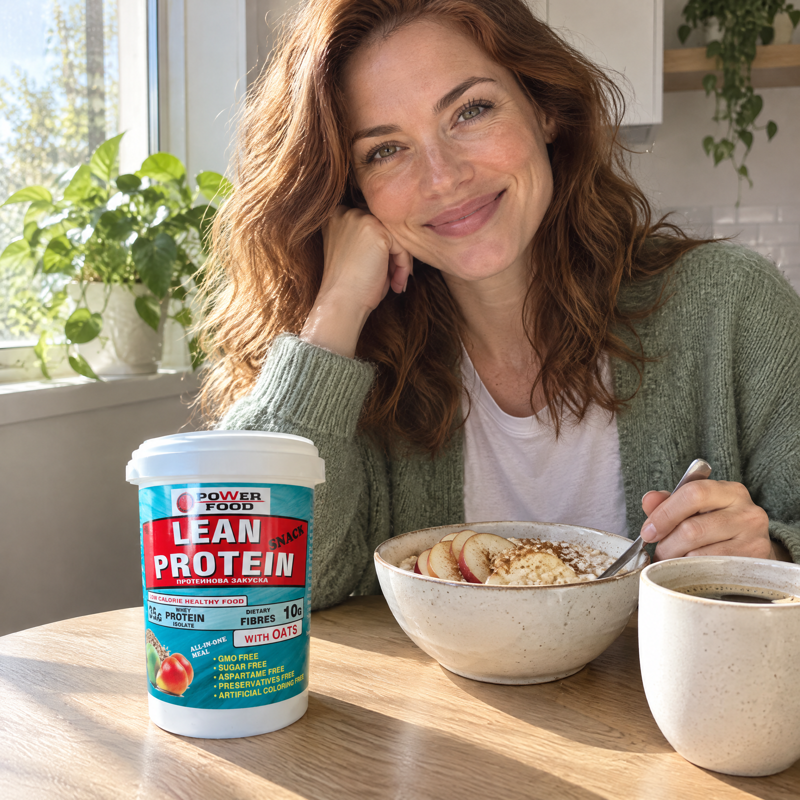 Усмихната жена закусва, до нея Lean Protein Snack