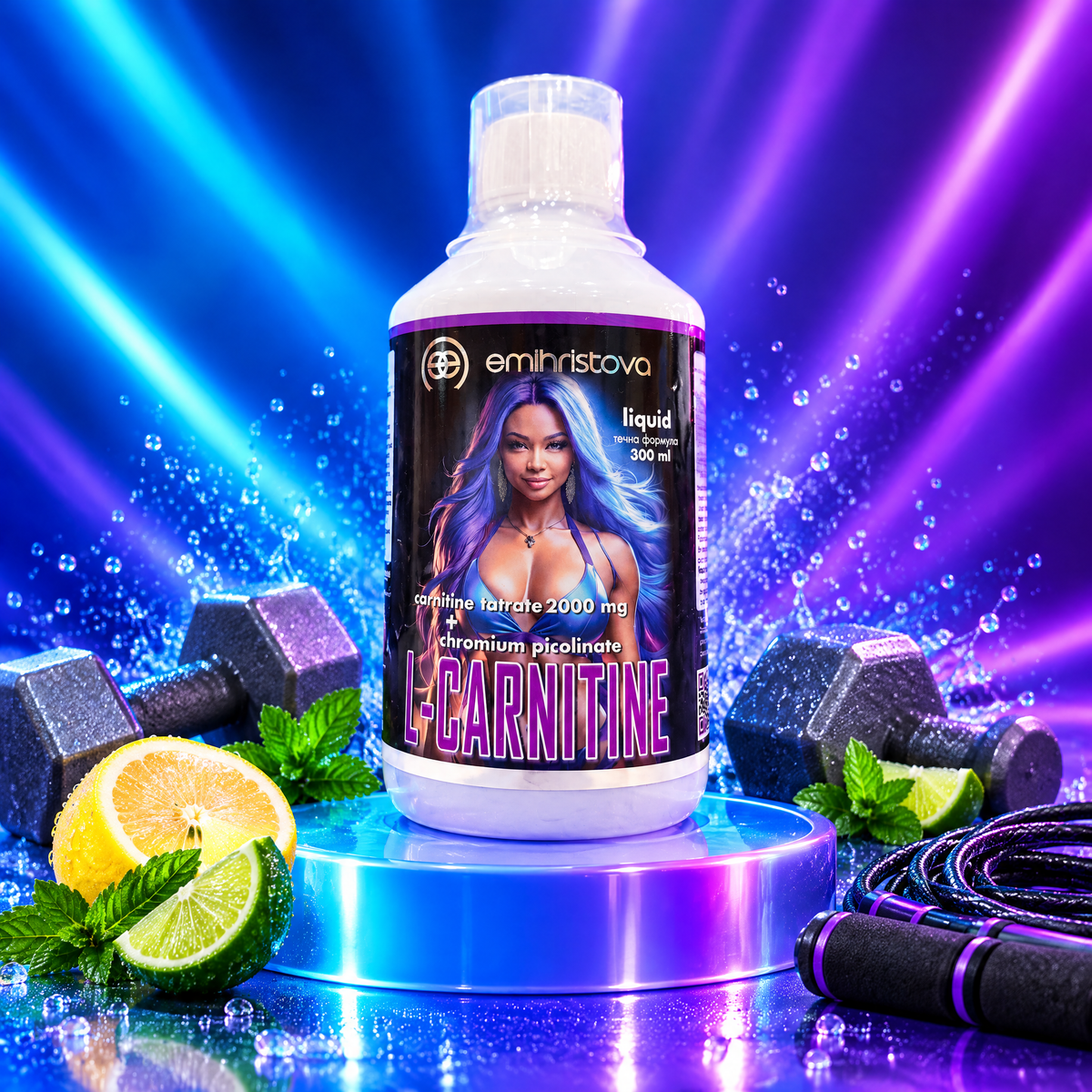 L-Carnitine на подиум с дъмбели и цитруси