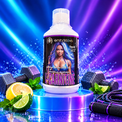 L-Carnitine на подиум с дъмбели и цитруси